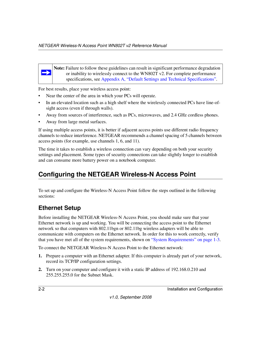 NETGEAR WN802T manual Configuring the Netgear Wireless-N Access Point, Ethernet Setup 