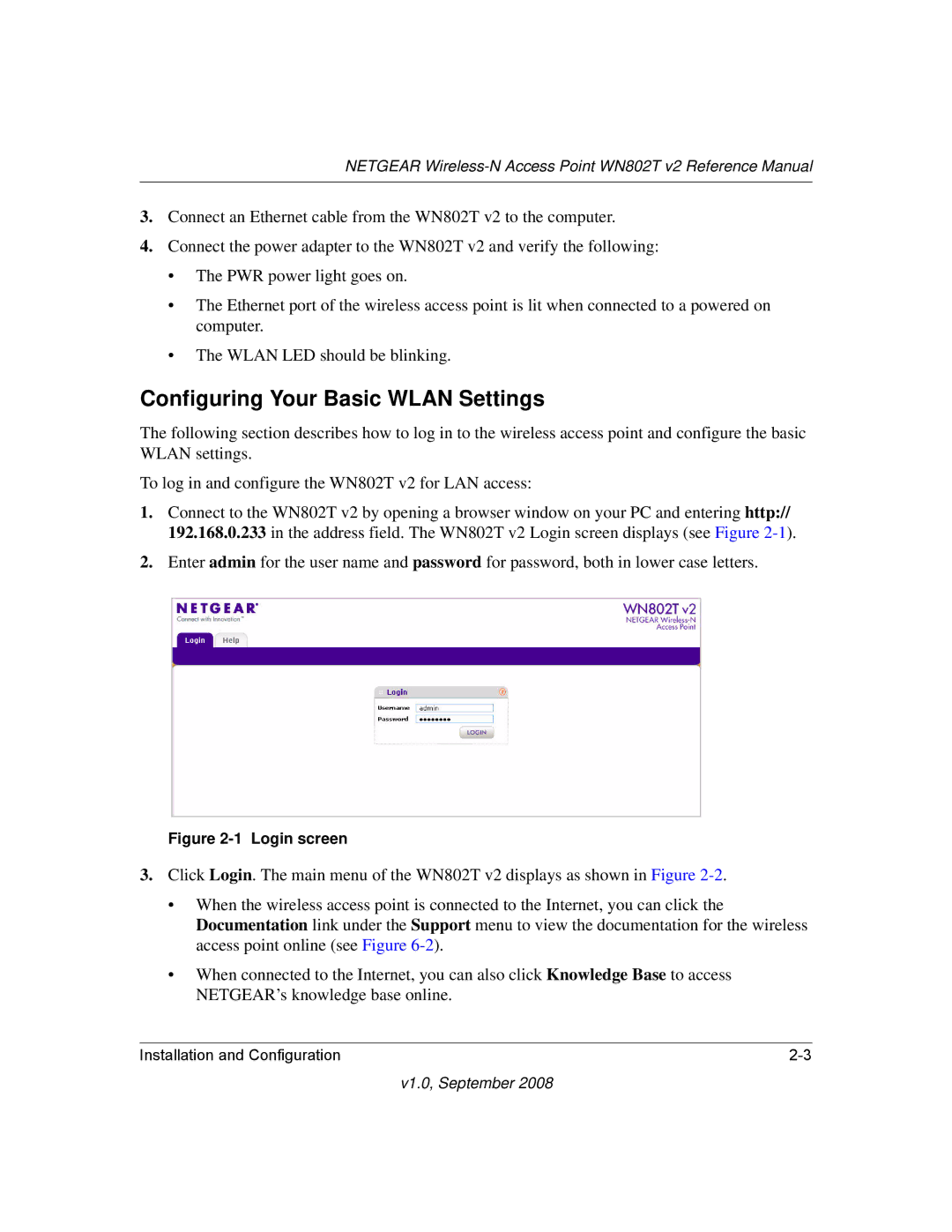 NETGEAR WN802T manual Configuring Your Basic Wlan Settings, Login screen 