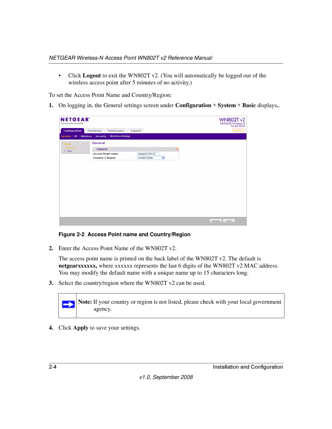 NETGEAR WN802T manual Access Point name and Country/Region 