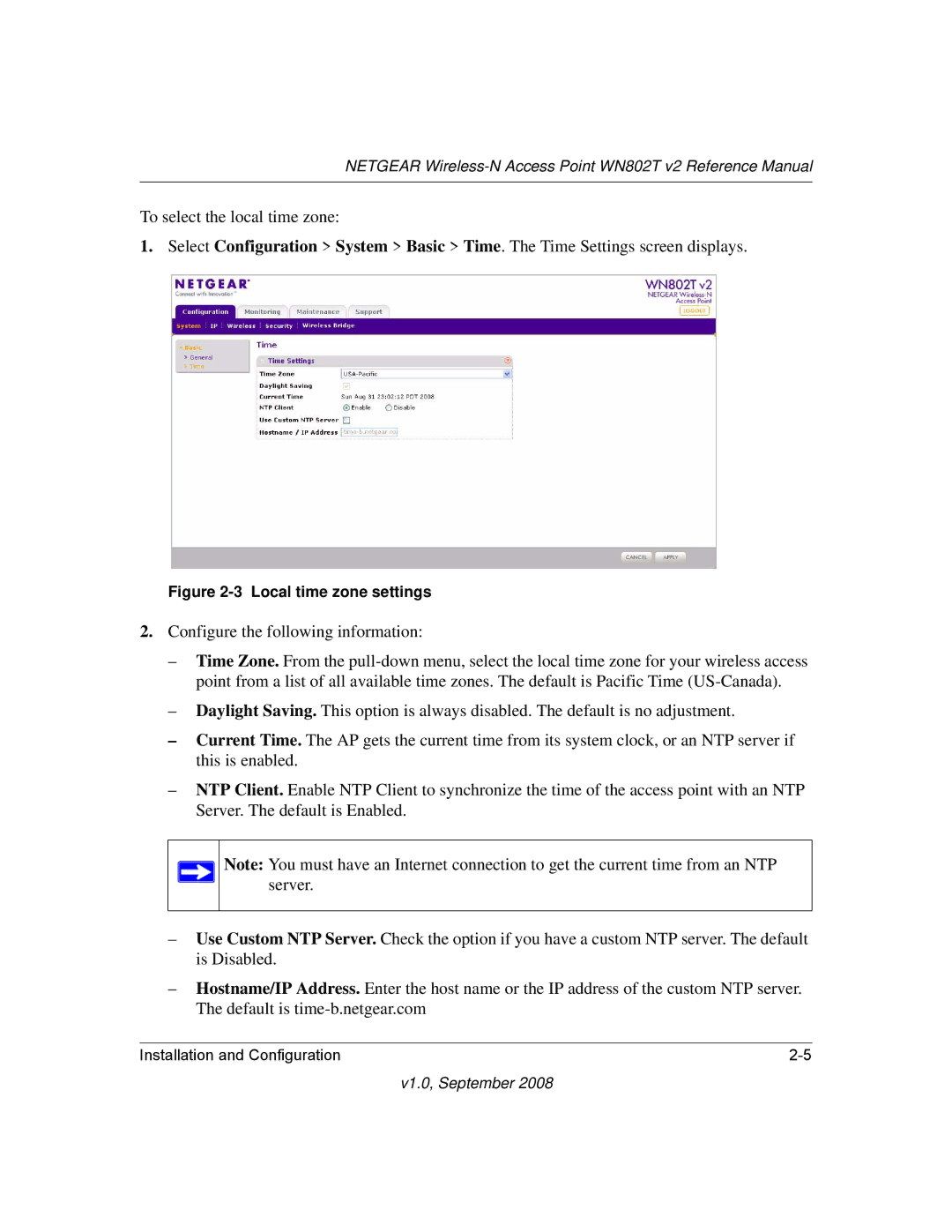 NETGEAR WN802T manual Local time zone settings 