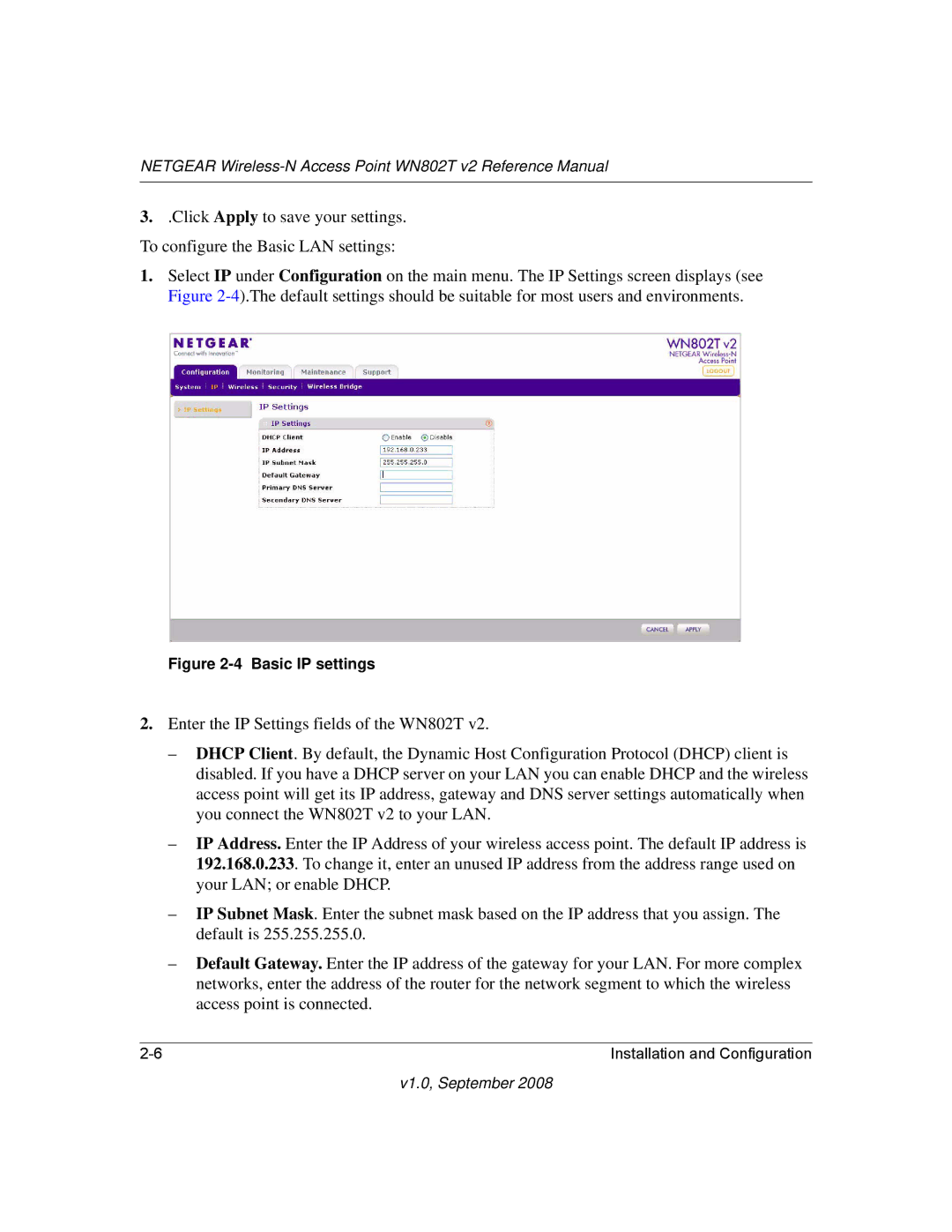 NETGEAR WN802T manual Basic IP settings 