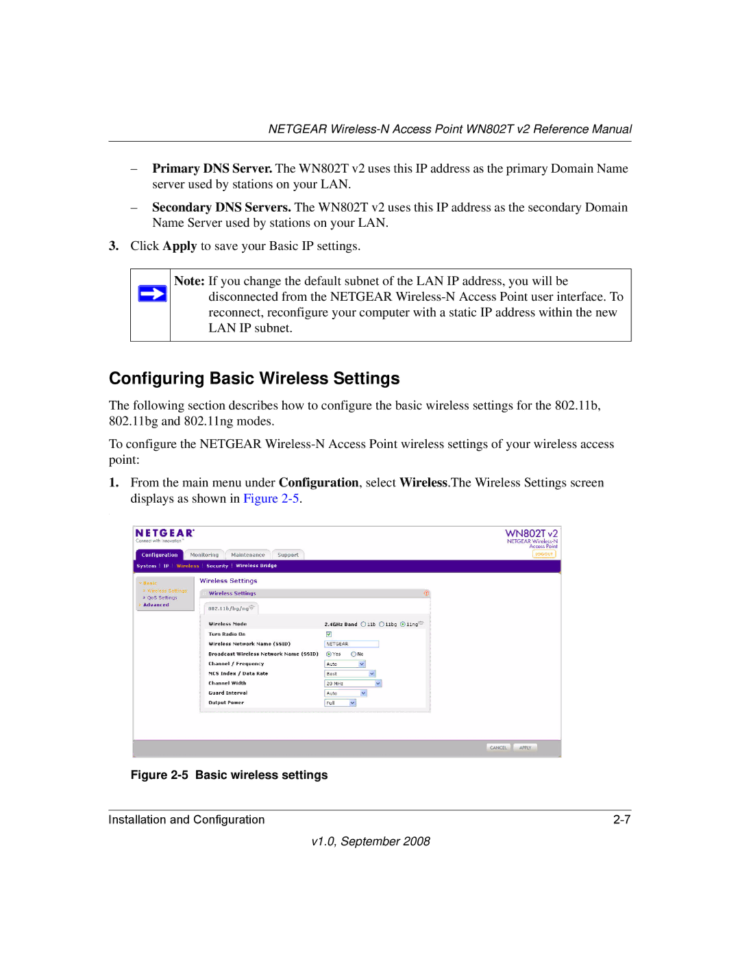 NETGEAR WN802T manual Configuring Basic Wireless Settings, Basic wireless settings 