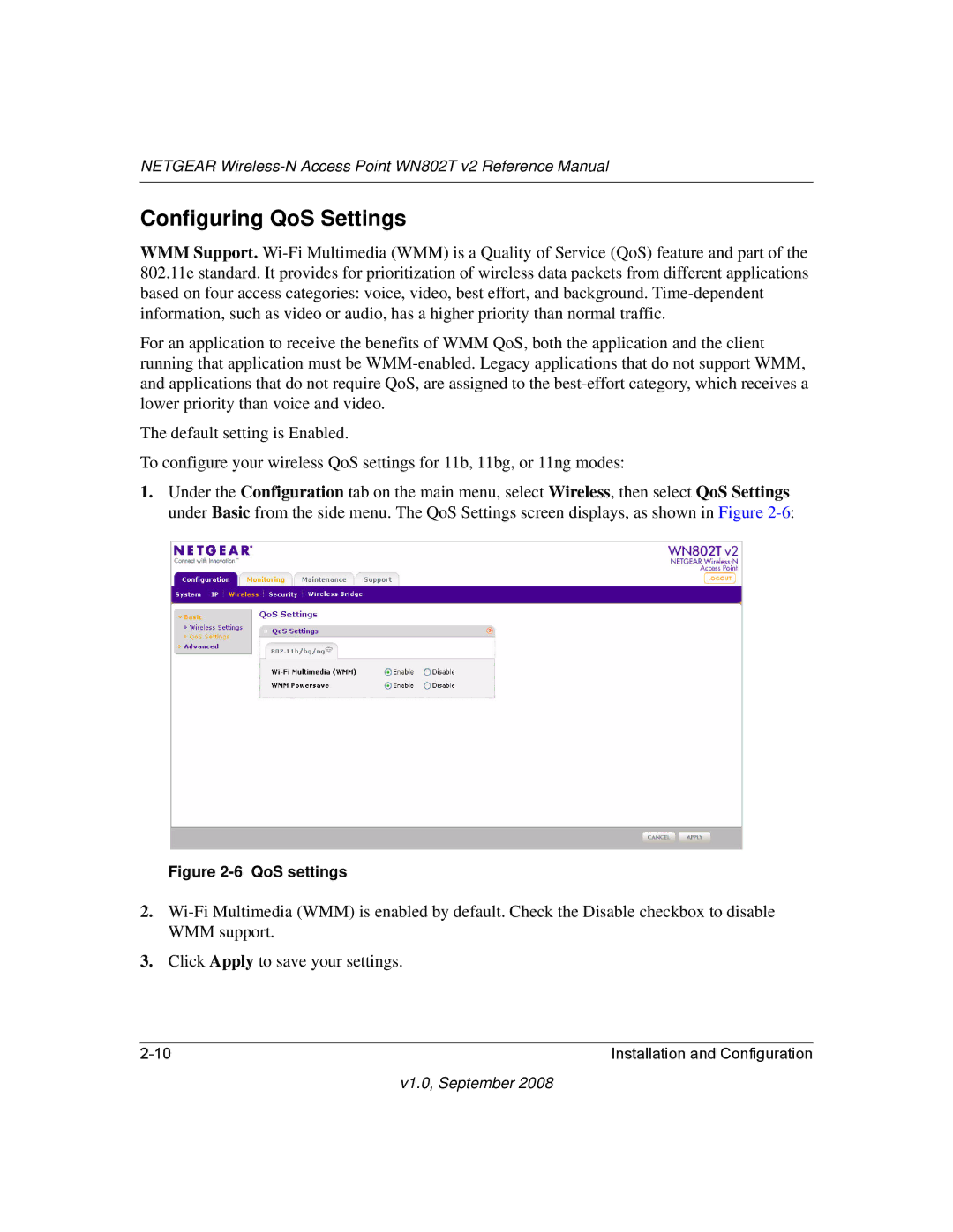 NETGEAR WN802T manual Configuring QoS Settings, QoS settings 