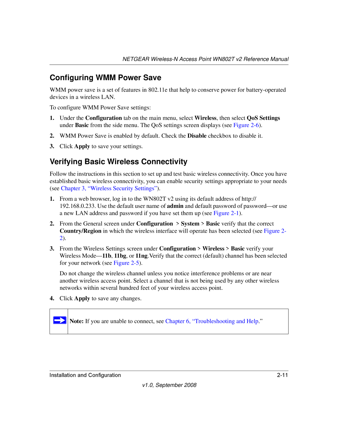 NETGEAR WN802T manual Configuring WMM Power Save, Verifying Basic Wireless Connectivity 