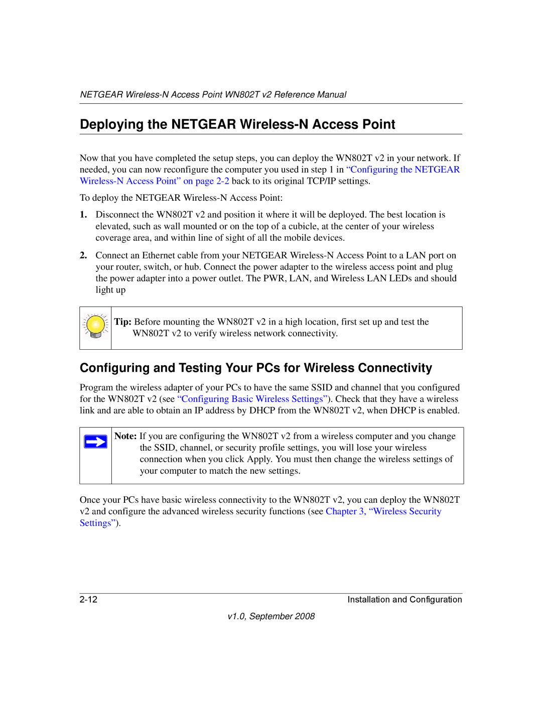 NETGEAR WN802T Deploying the Netgear Wireless-N Access Point, Configuring and Testing Your PCs for Wireless Connectivity 