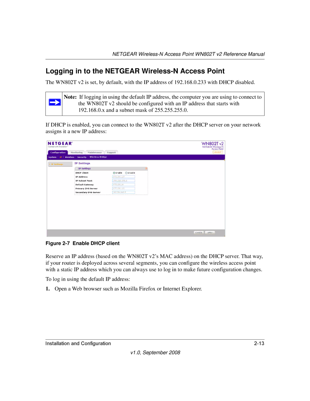 NETGEAR WN802T manual Logging in to the Netgear Wireless-N Access Point, Enable Dhcp client 