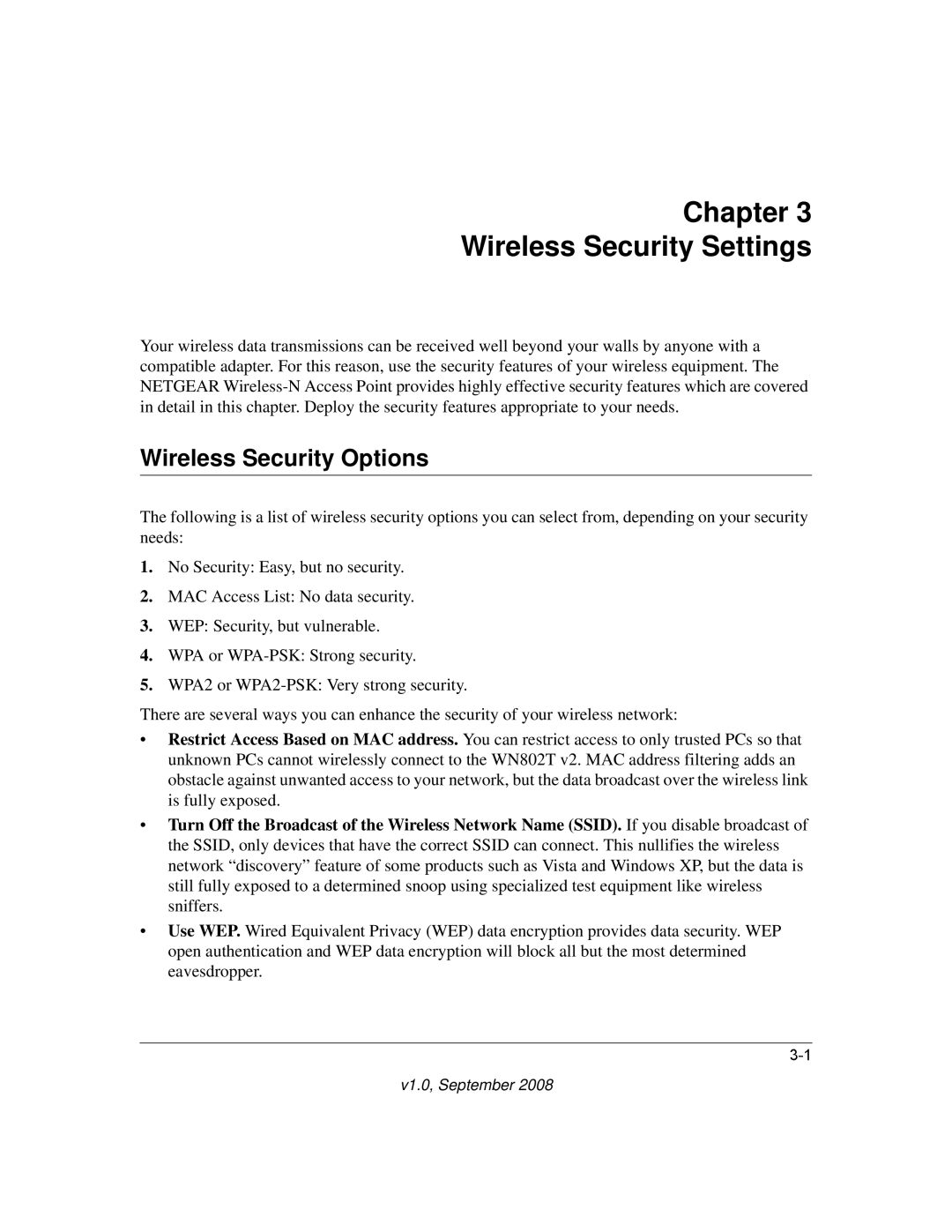 NETGEAR WN802T manual Chapter Wireless Security Settings, Wireless Security Options 