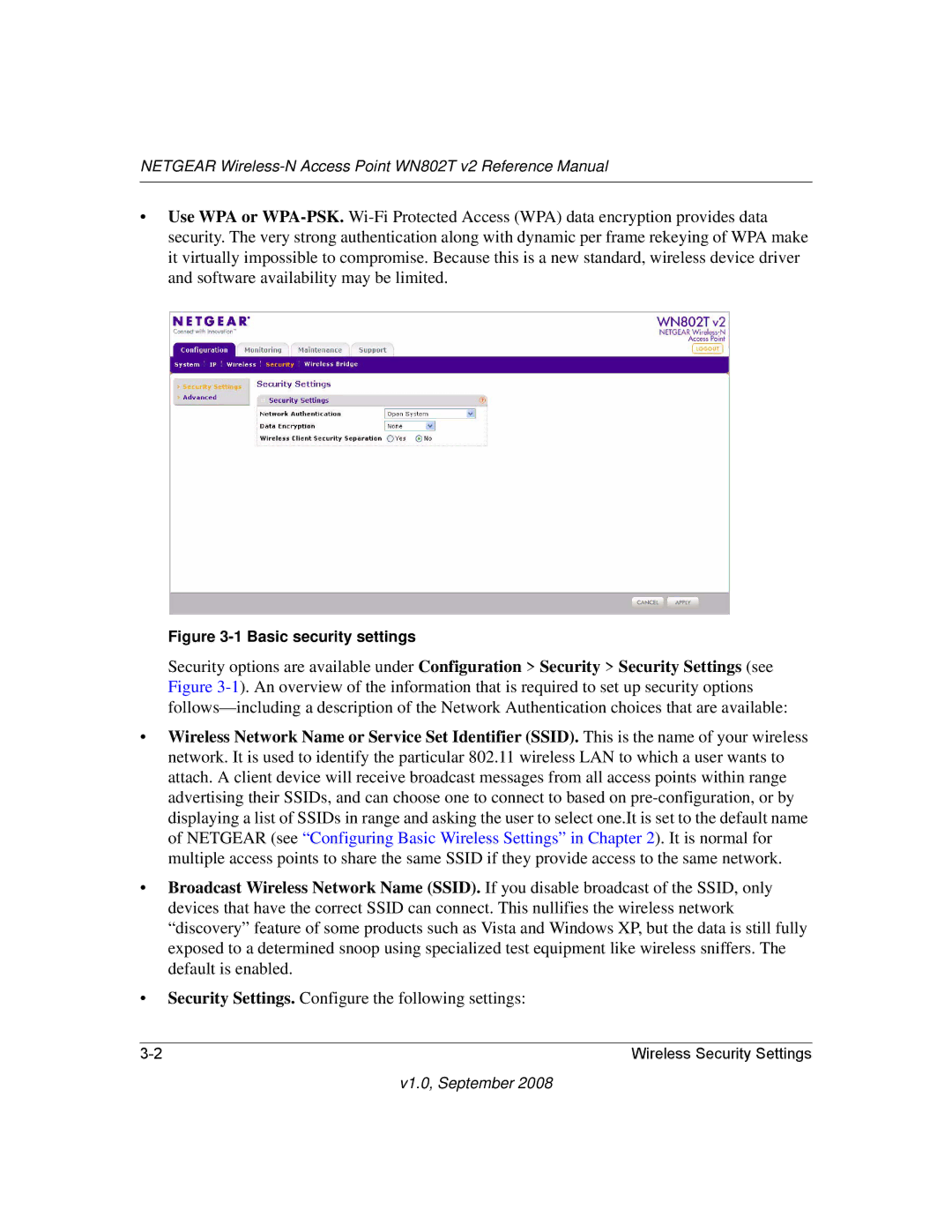 NETGEAR WN802T manual Basic security settings 