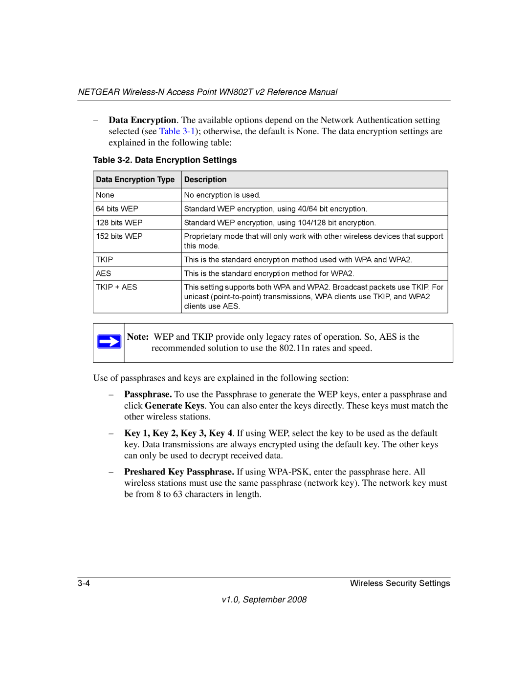 NETGEAR WN802T manual Data Encryption Settings, Data Encryption Type Description 