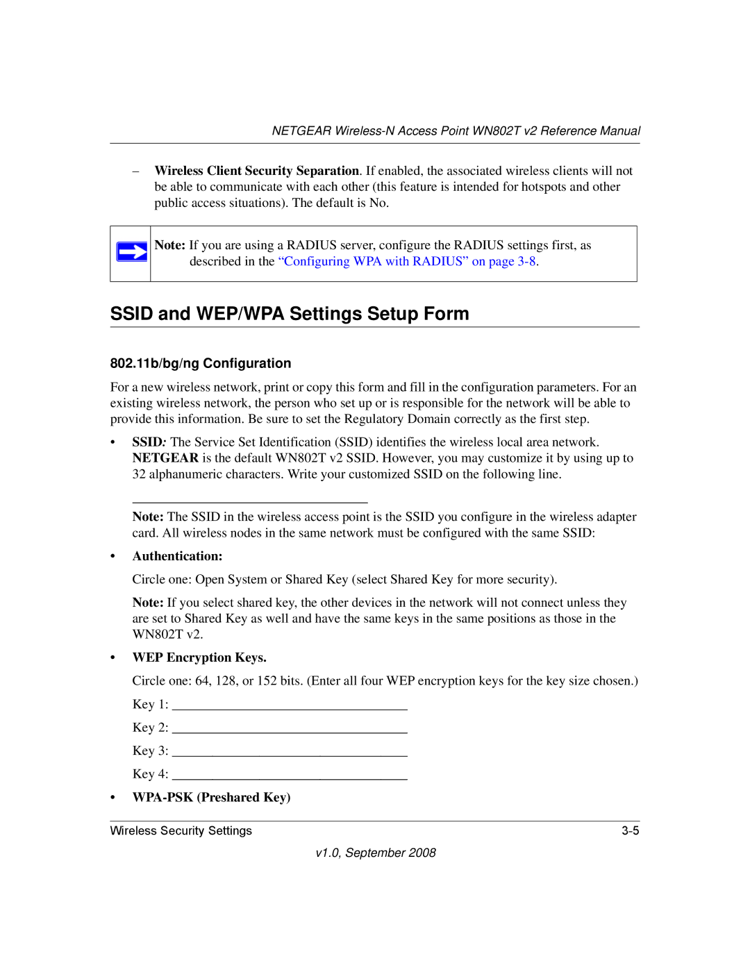 NETGEAR WN802T manual Ssid and WEP/WPA Settings Setup Form, 802.11b/bg/ng Configuration 