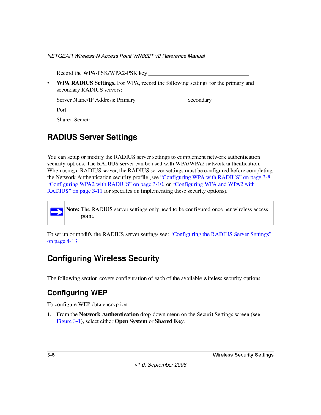 NETGEAR WN802T manual Radius Server Settings, Configuring Wireless Security, Configuring WEP 