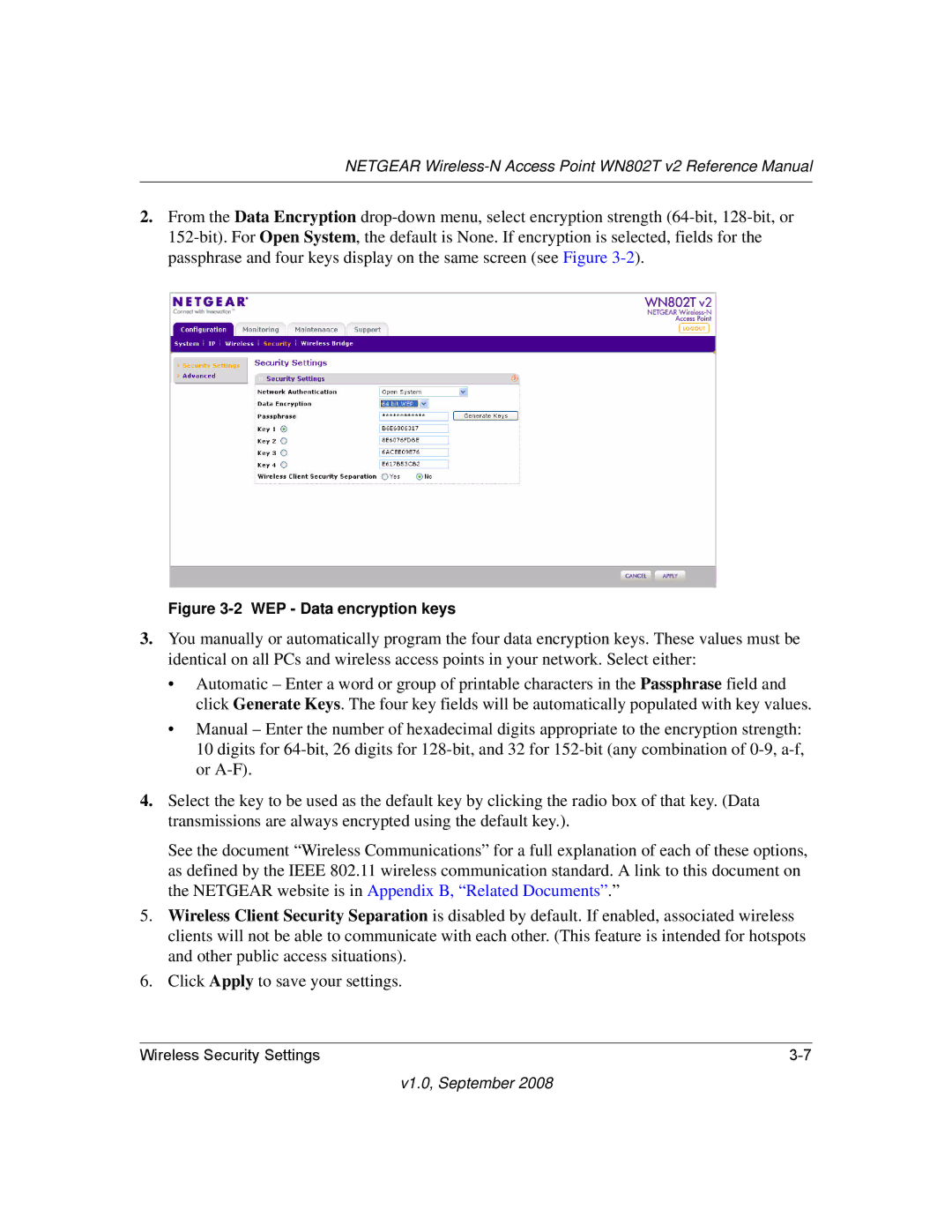 NETGEAR WN802T manual WEP Data encryption keys 