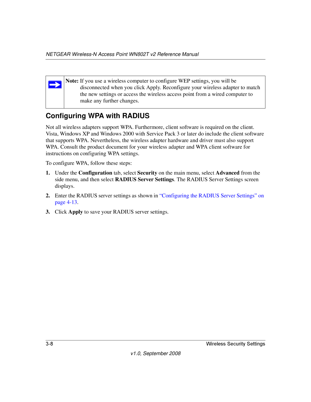 NETGEAR WN802T manual Configuring WPA with Radius 