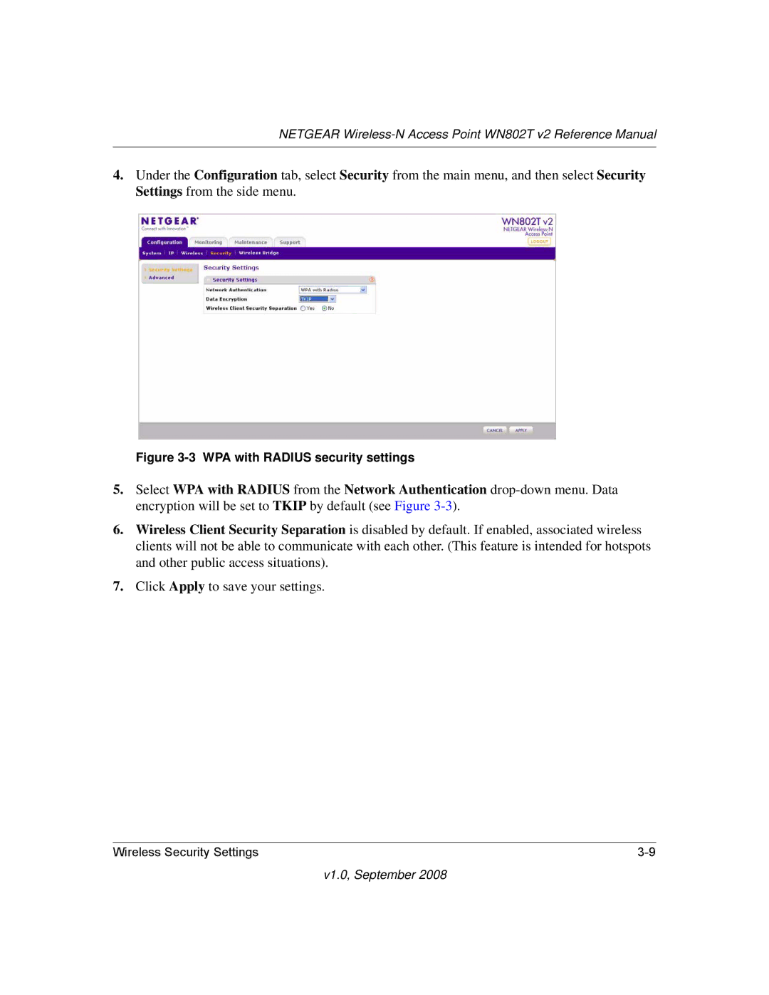 NETGEAR WN802T manual WPA with Radius security settings 