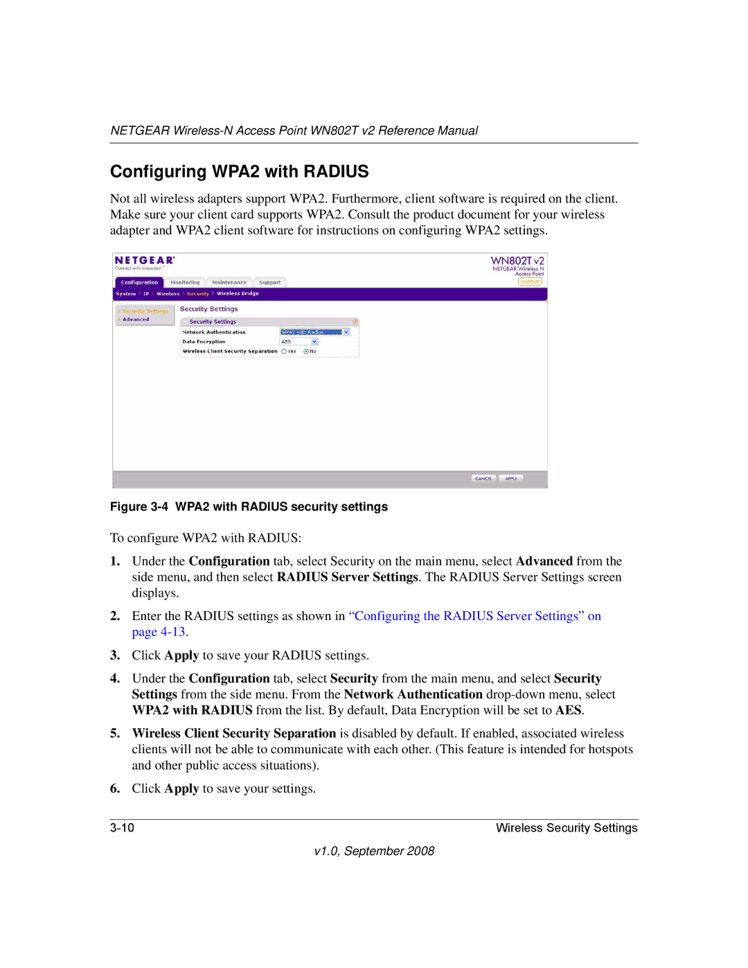 NETGEAR WN802T manual Configuring WPA2 with Radius, WPA2 with Radius security settings 