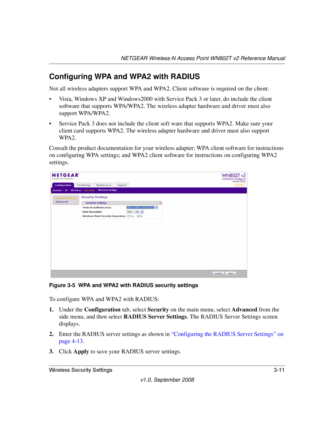 NETGEAR WN802T manual Configuring WPA and WPA2 with Radius, WPA and WPA2 with Radius security settings 