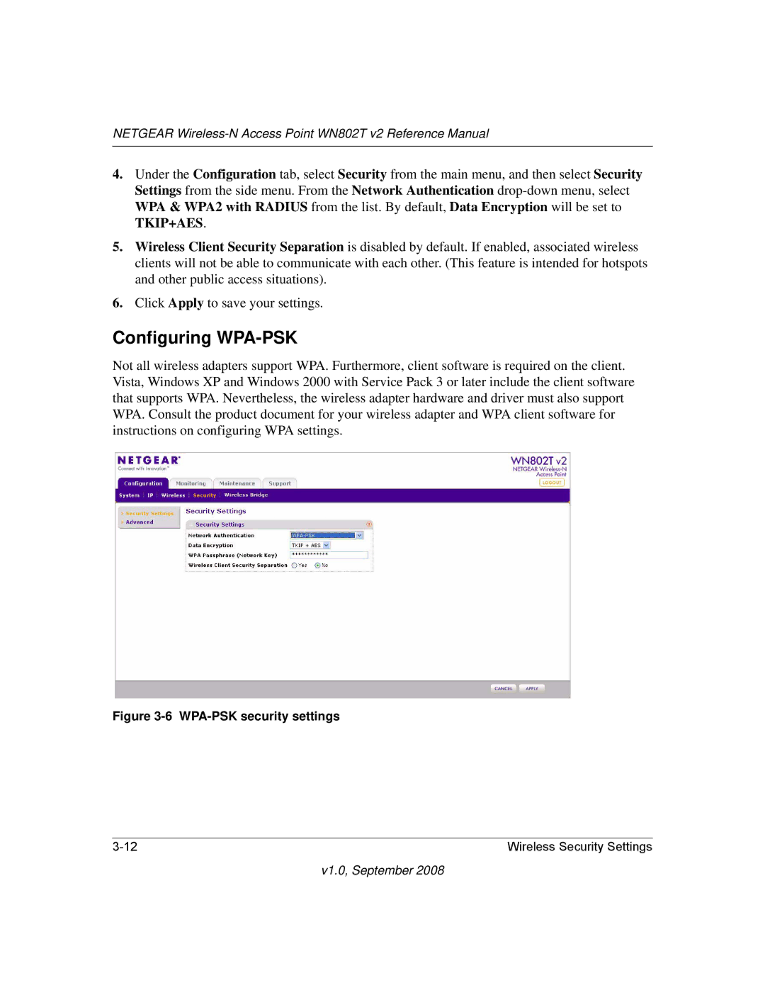 NETGEAR WN802T manual Configuring WPA-PSK, WPA-PSK security settings 