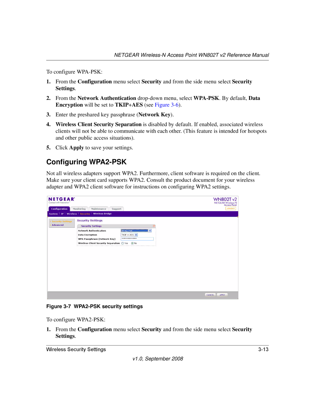 NETGEAR WN802T manual Configuring WPA2-PSK, WPA2-PSK security settings 