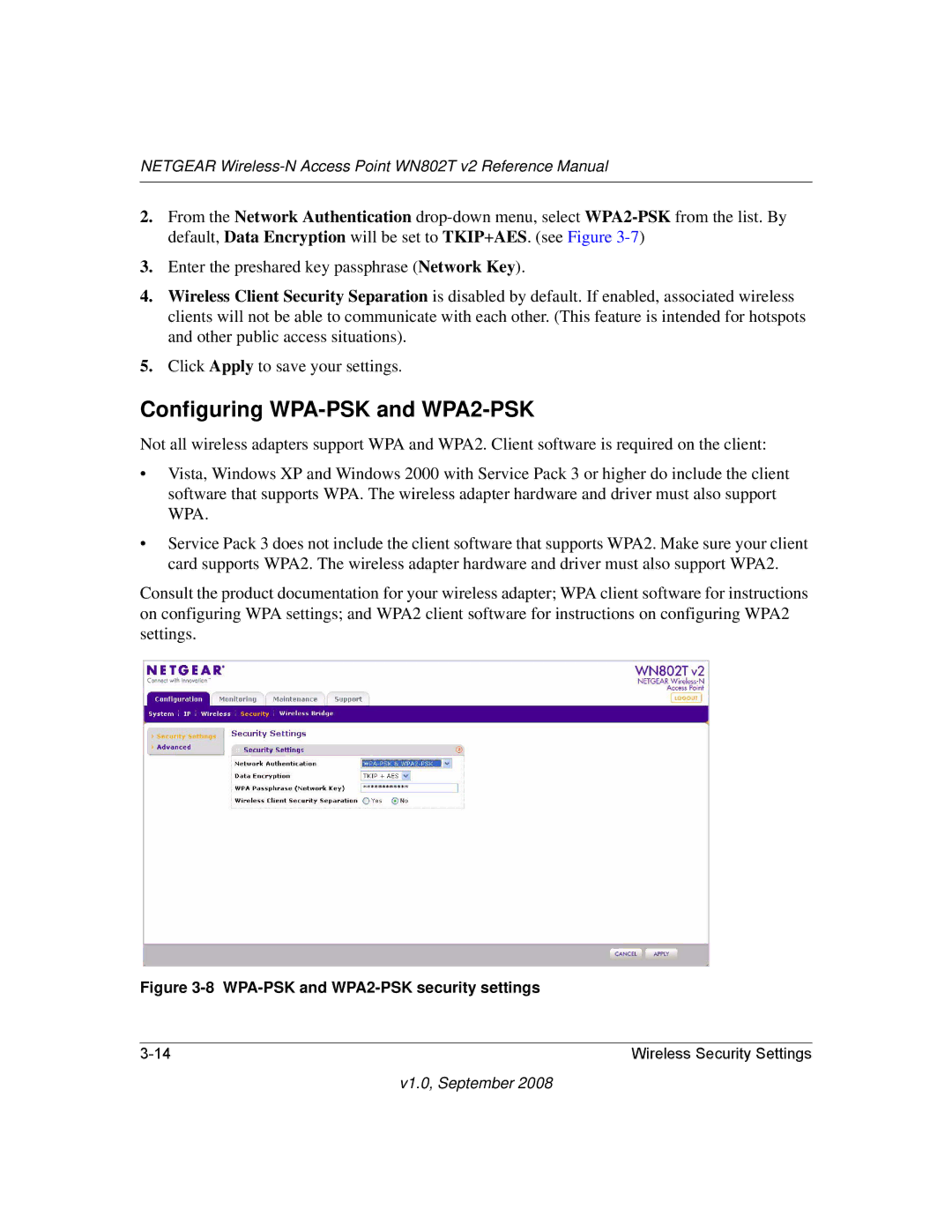 NETGEAR WN802T manual Configuring WPA-PSK and WPA2-PSK, WPA-PSK and WPA2-PSK security settings 