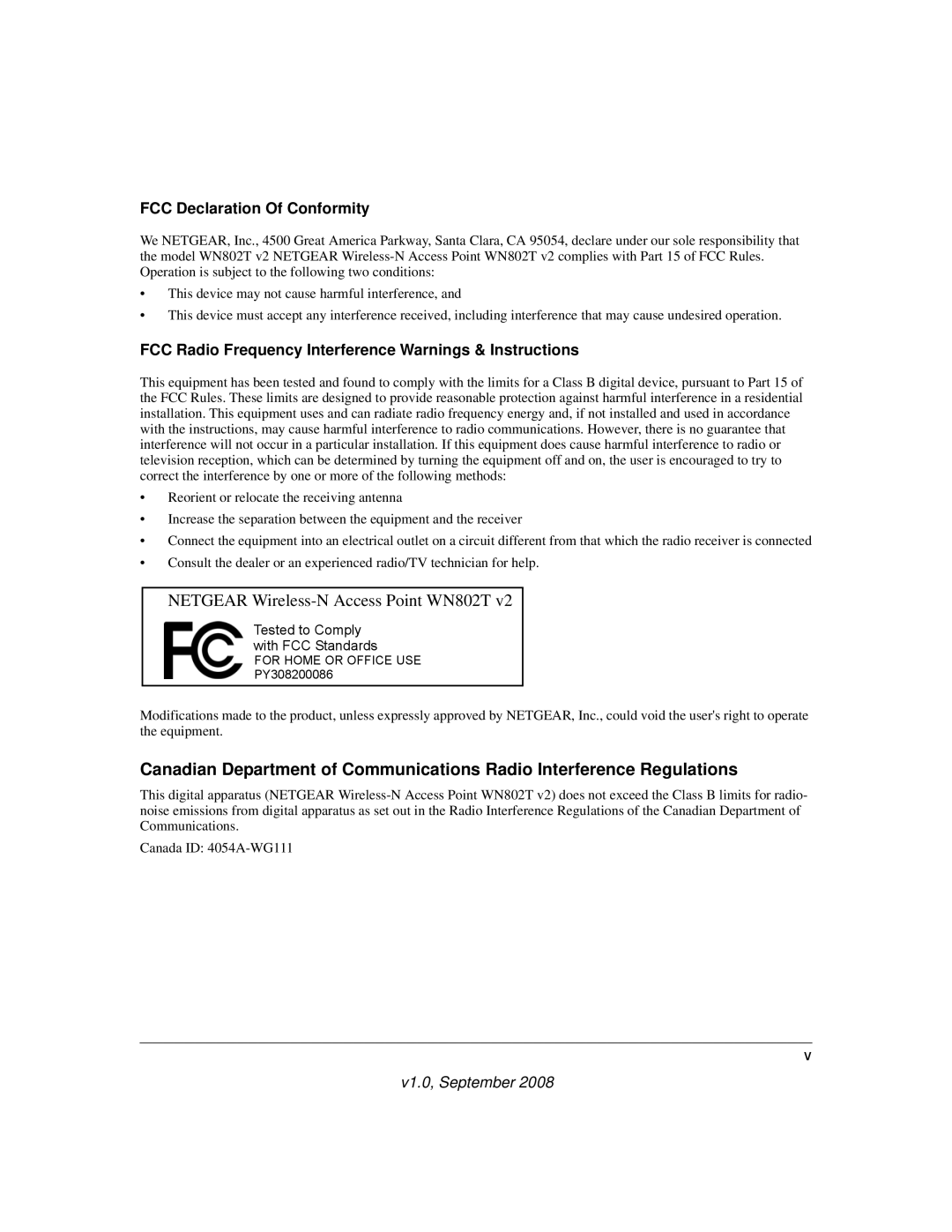 NETGEAR WN802T manual FCC Declaration Of Conformity, FCC Radio Frequency Interference Warnings & Instructions 