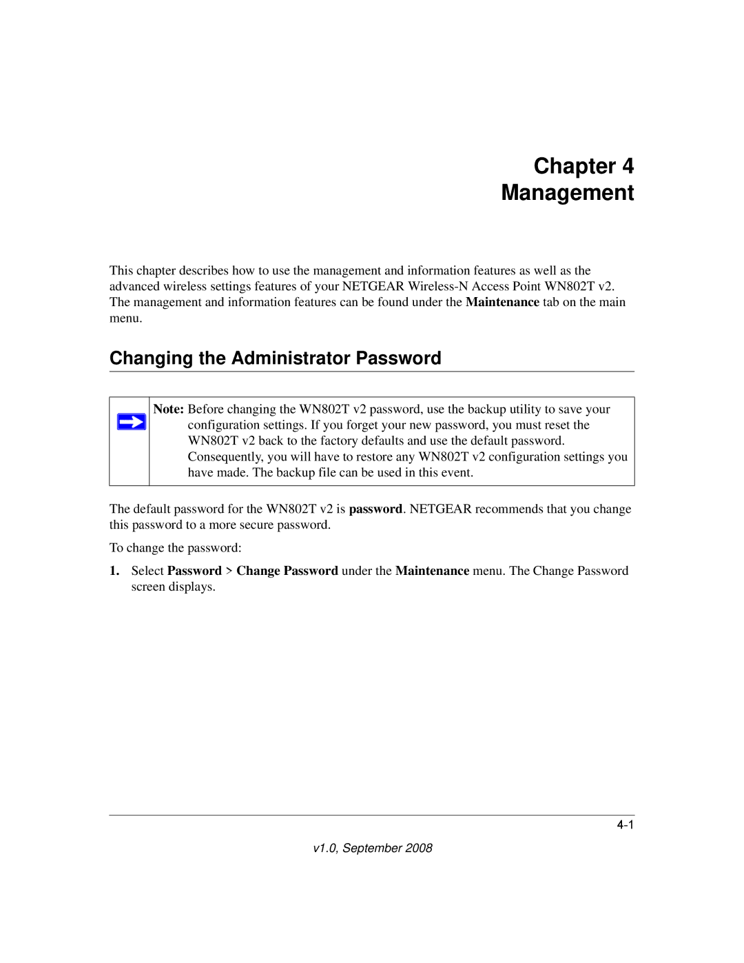 NETGEAR WN802T manual Chapter Management, Changing the Administrator Password 