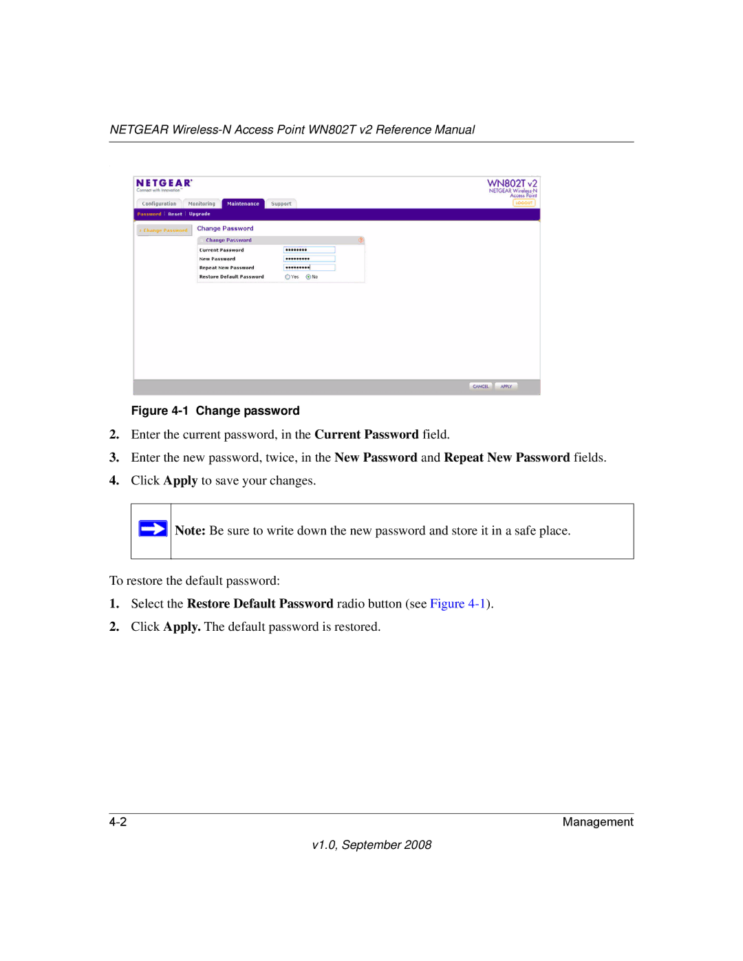 NETGEAR WN802T manual Change password 