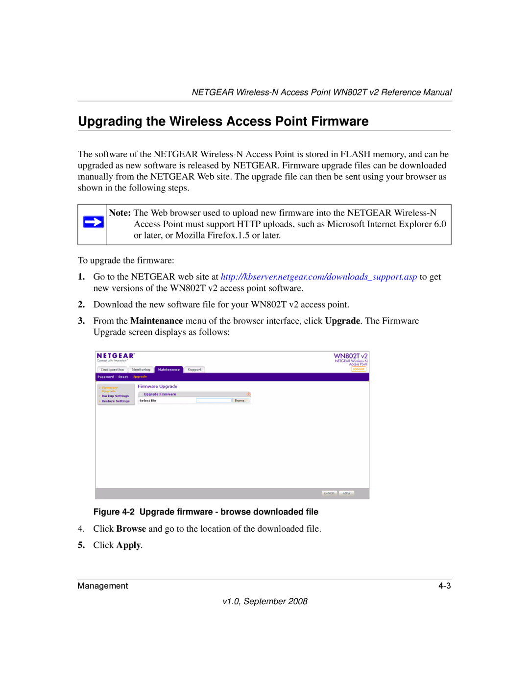 NETGEAR WN802T manual Upgrading the Wireless Access Point Firmware, Upgrade firmware browse downloaded file 