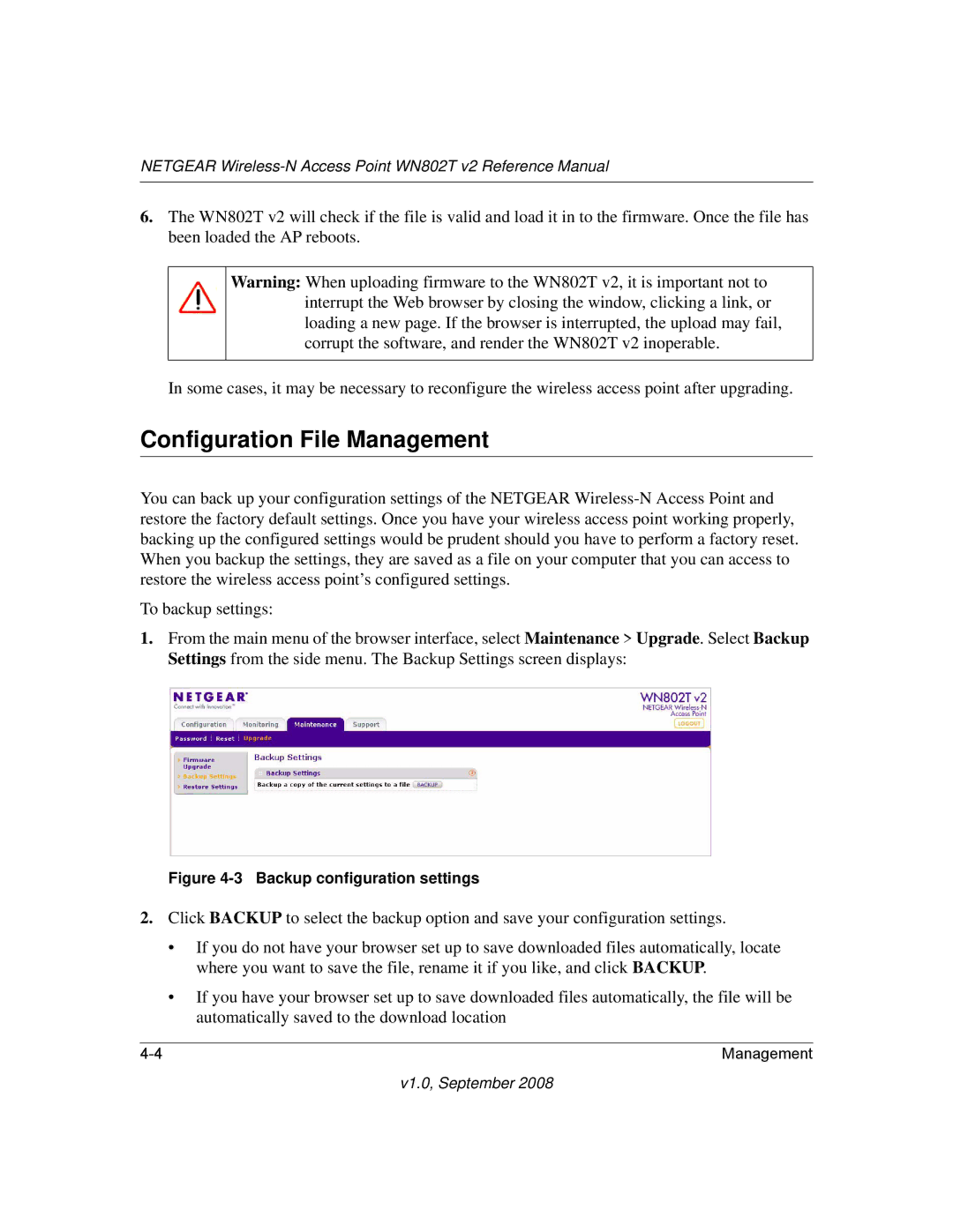 NETGEAR WN802T manual Configuration File Management, Backup configuration settings 