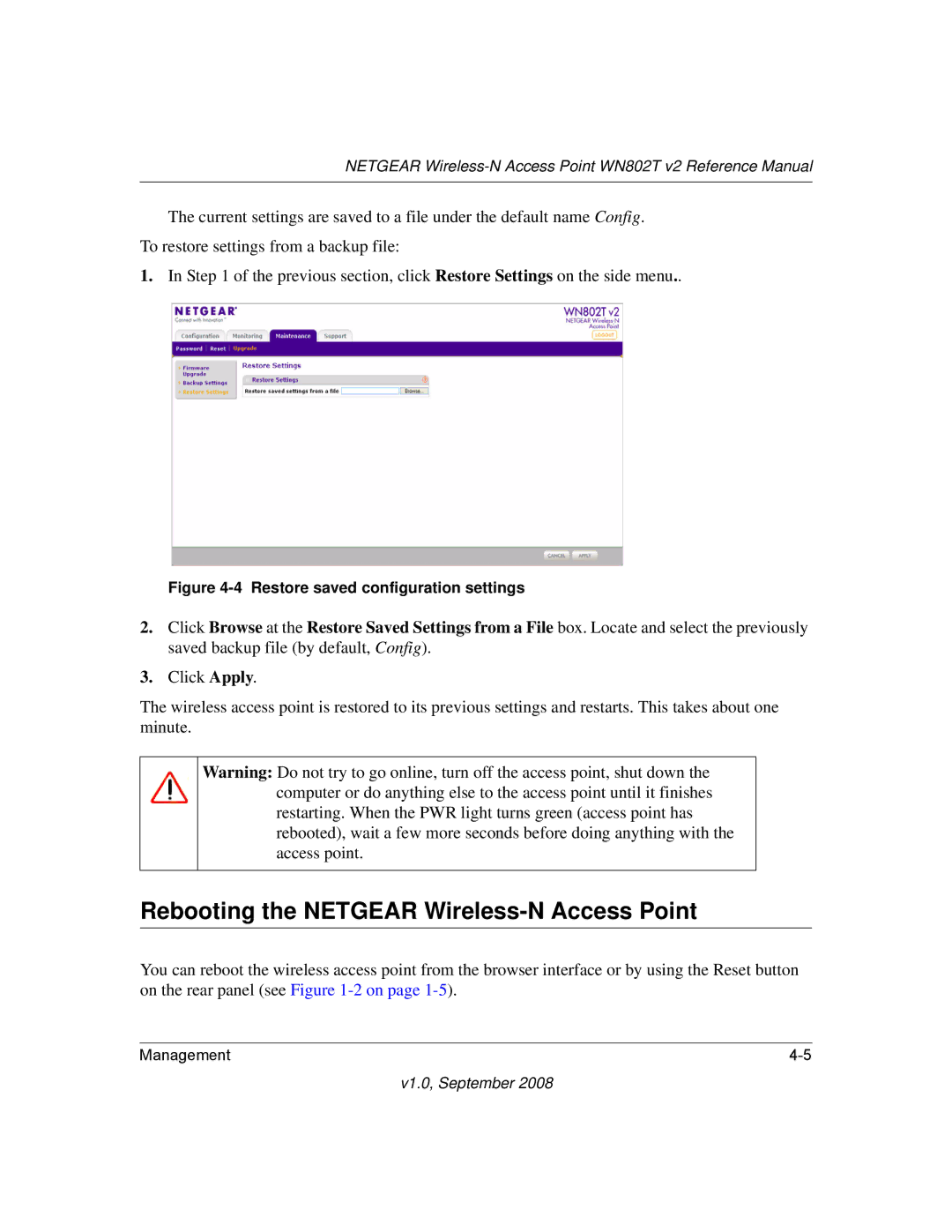 NETGEAR WN802T manual Rebooting the Netgear Wireless-N Access Point, Restore saved configuration settings 