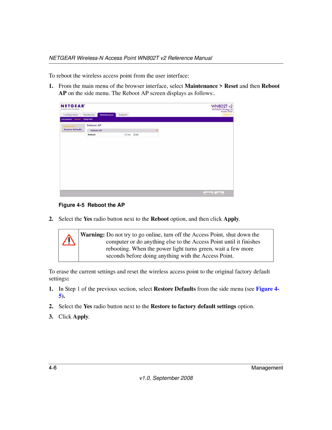 NETGEAR WN802T manual Reboot the AP 