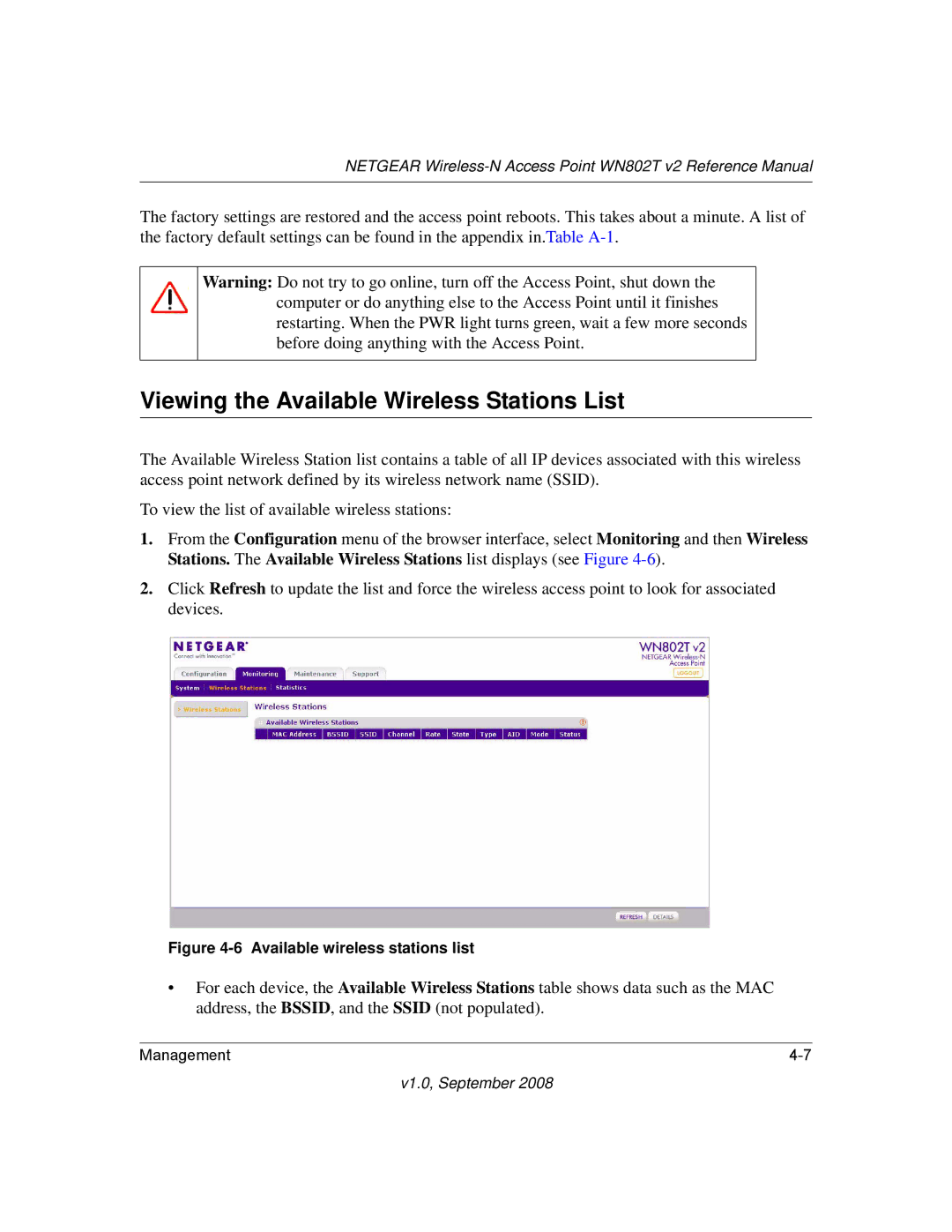 NETGEAR WN802T manual Viewing the Available Wireless Stations List, Available wireless stations list 