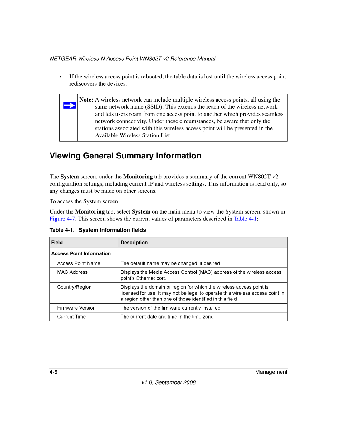 NETGEAR WN802T Viewing General Summary Information, System Information fields, Field Description Access Point Information 