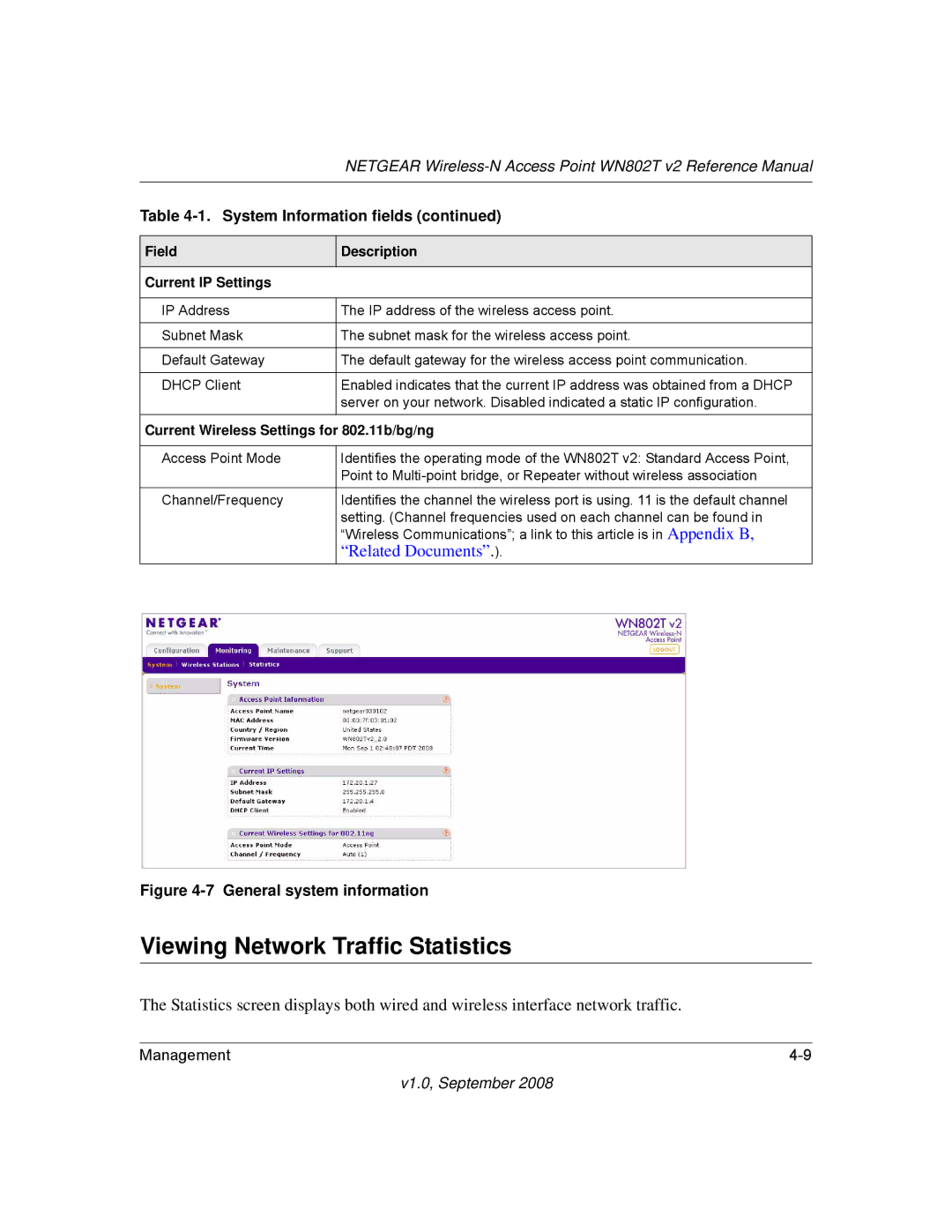 NETGEAR WN802T manual Viewing Network Traffic Statistics, Field Description Current IP Settings 