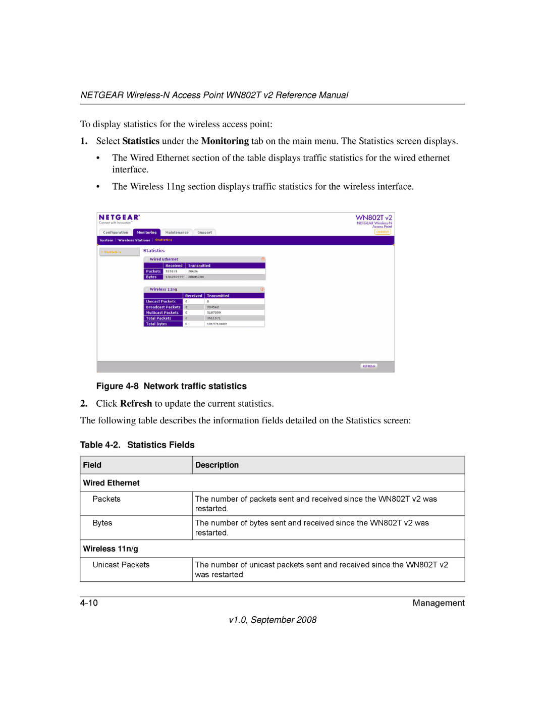 NETGEAR WN802T manual Statistics Fields, Field Description Wired Ethernet, Wireless 11n/g 