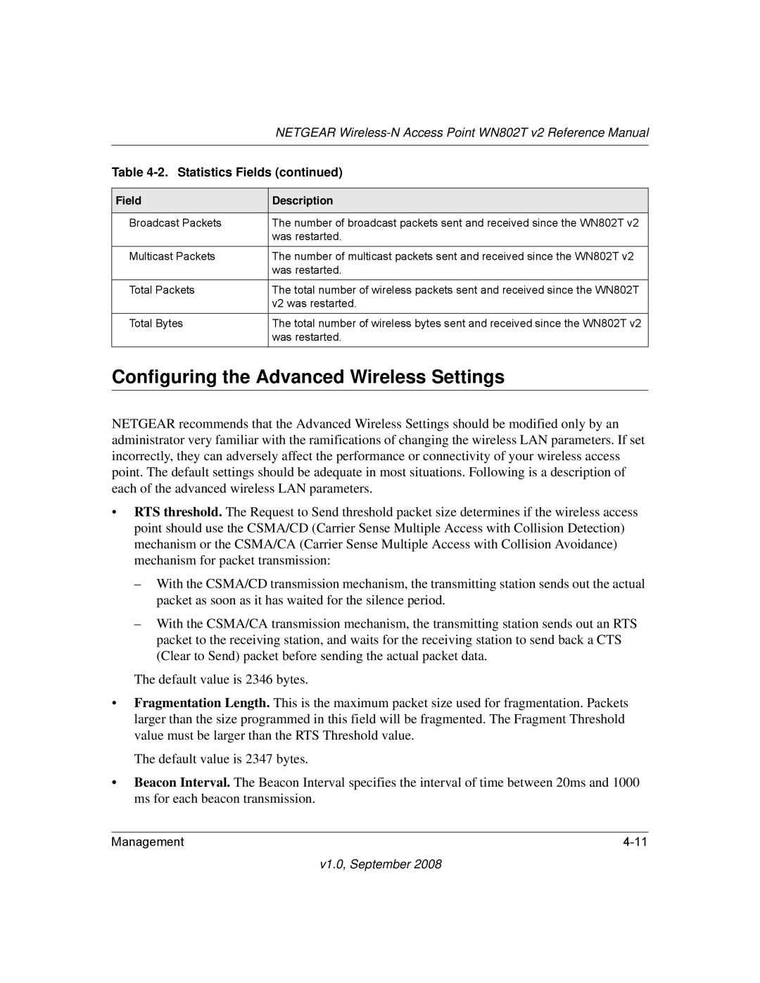 NETGEAR WN802T manual Configuring the Advanced Wireless Settings, Field Description 