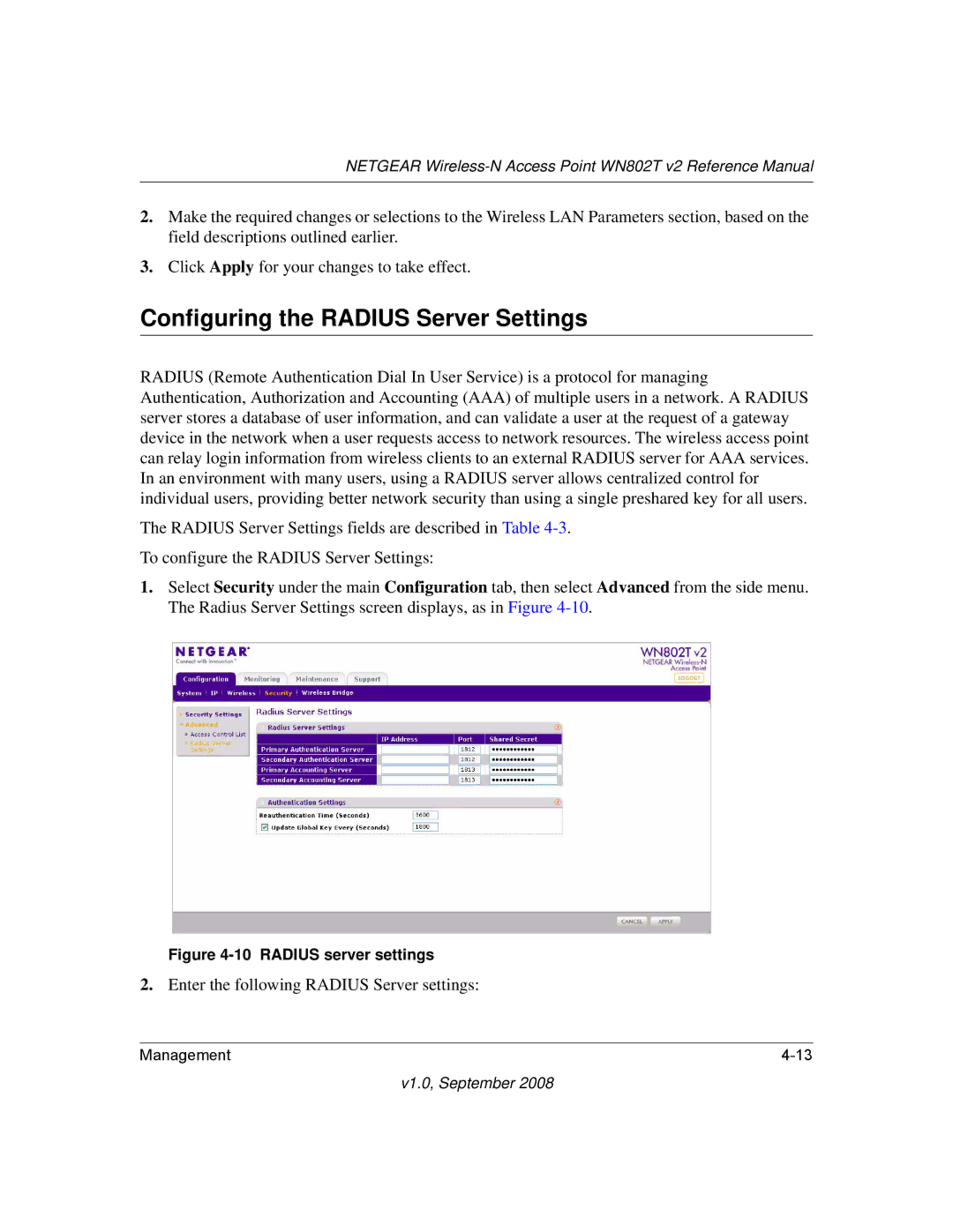 NETGEAR WN802T manual Configuring the Radius Server Settings, Radius server settings 