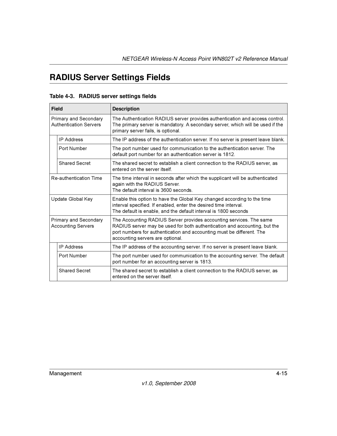 NETGEAR WN802T manual Radius Server Settings Fields, Radius server settings fields 