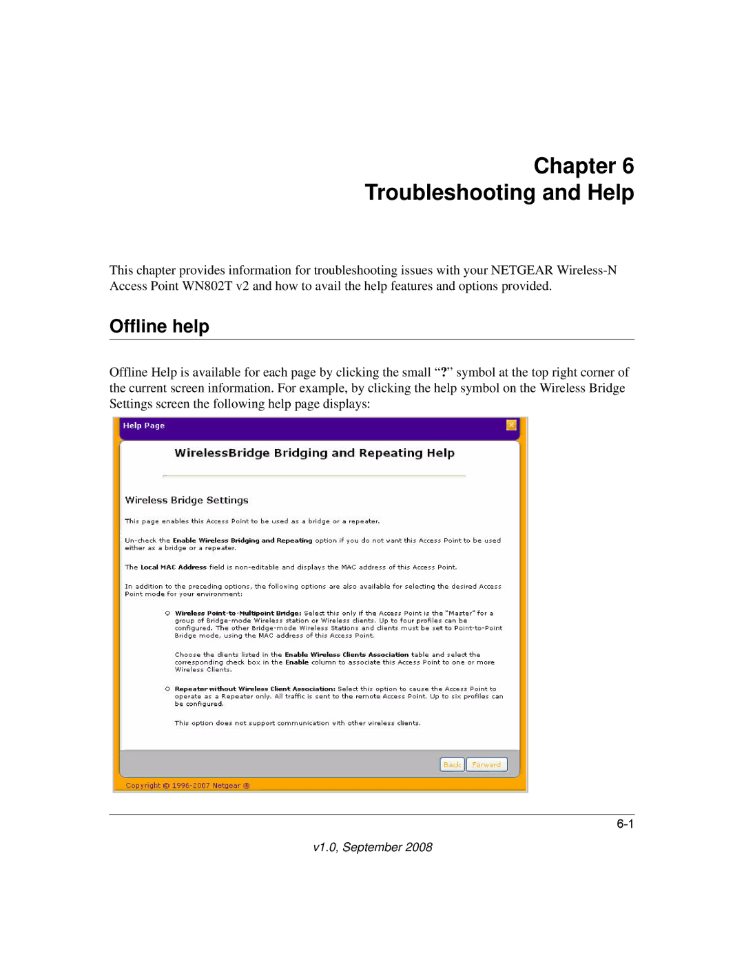 NETGEAR WN802T manual Chapter Troubleshooting and Help, Offline help 