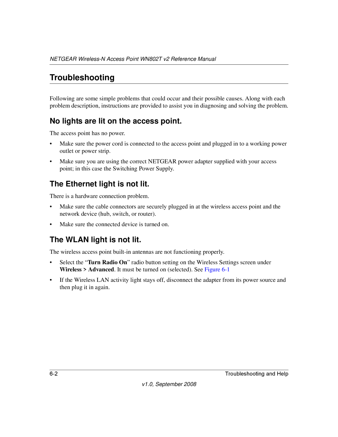 NETGEAR WN802T Troubleshooting, No lights are lit on the access point, Ethernet light is not lit, Wlan light is not lit 