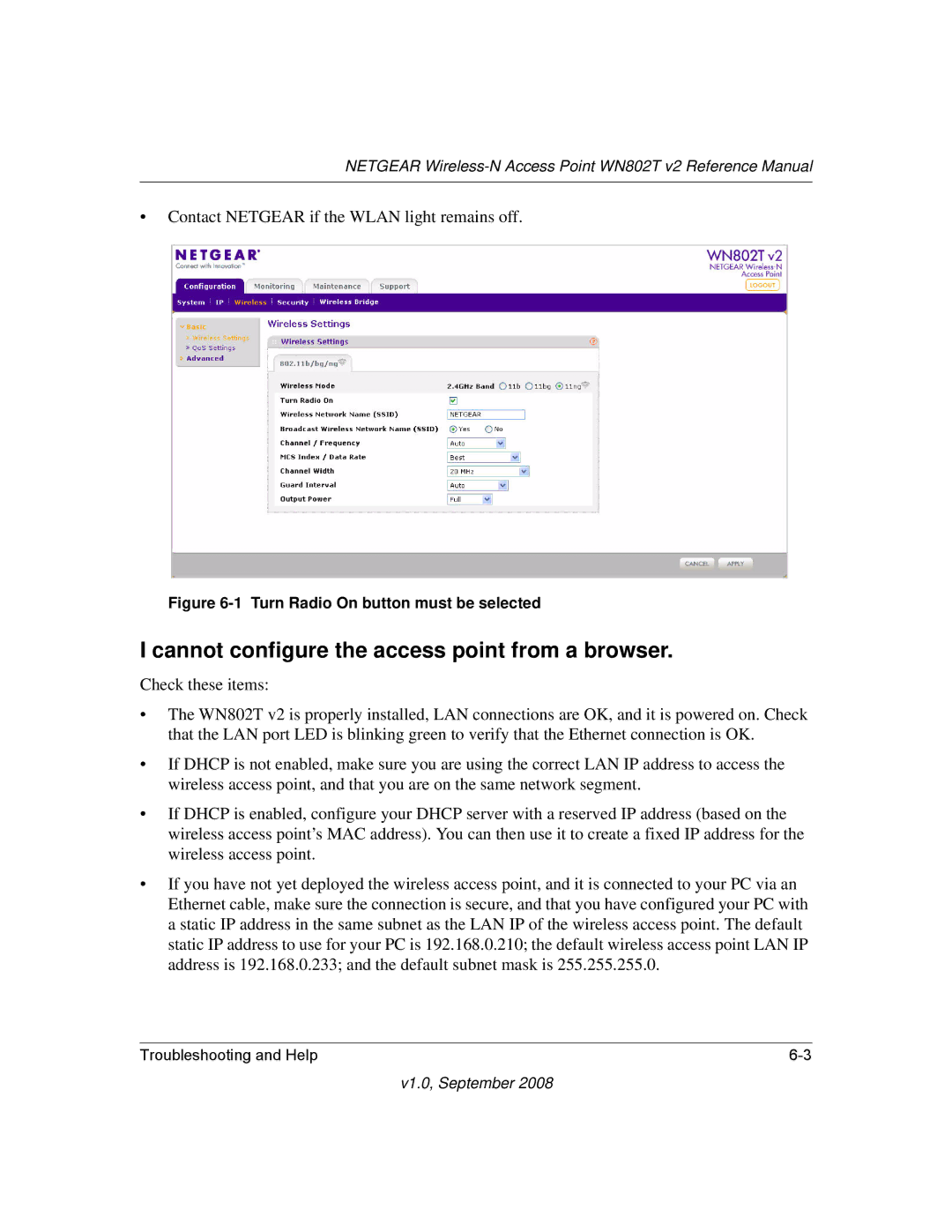 NETGEAR WN802T manual Cannot configure the access point from a browser, Turn Radio On button must be selected 