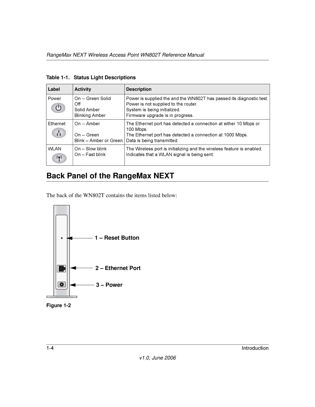 NETGEAR WN802T manual Back Panel of the RangeMax Next, Status Light Descriptions 