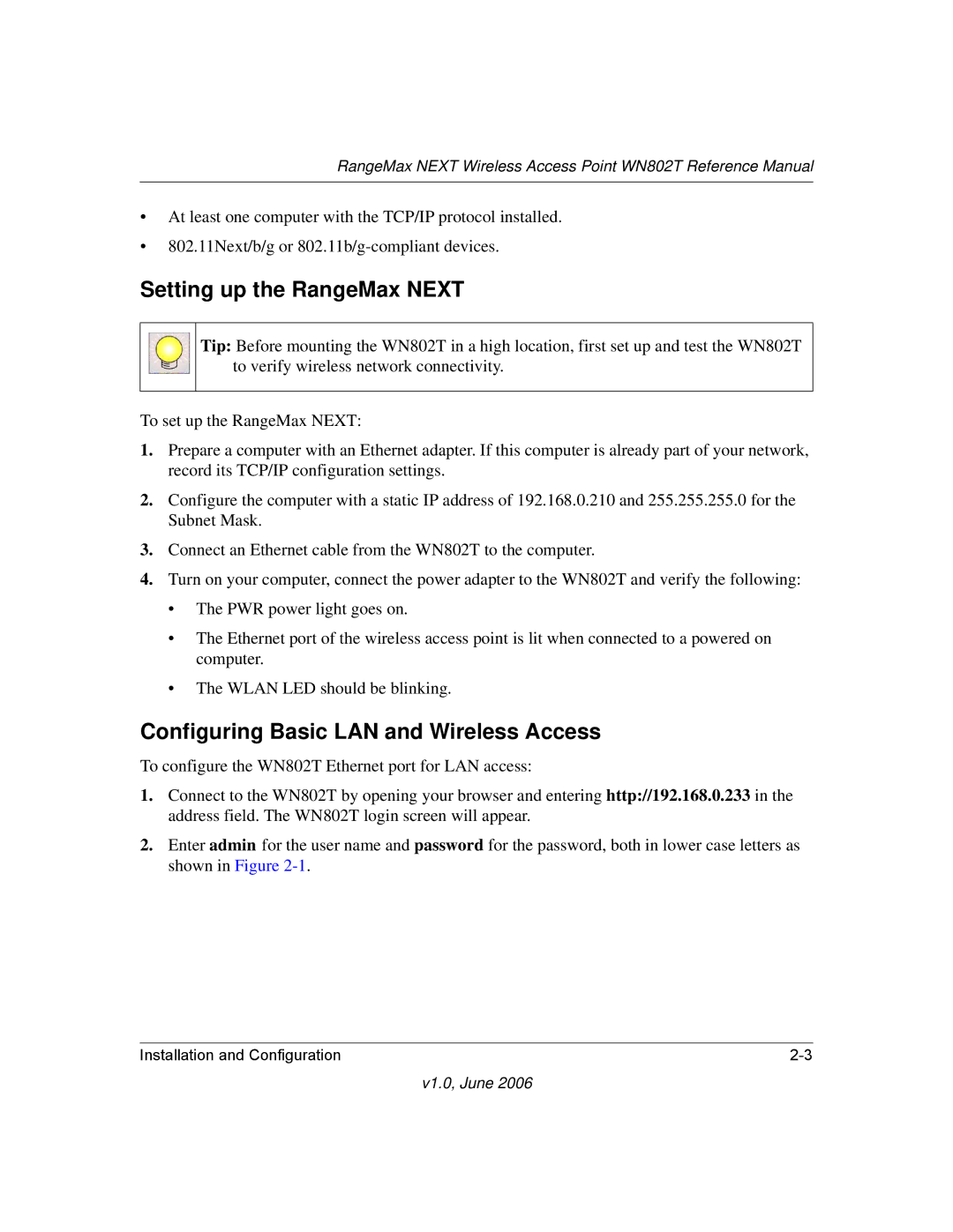 NETGEAR WN802T manual Setting up the RangeMax Next, Configuring Basic LAN and Wireless Access 