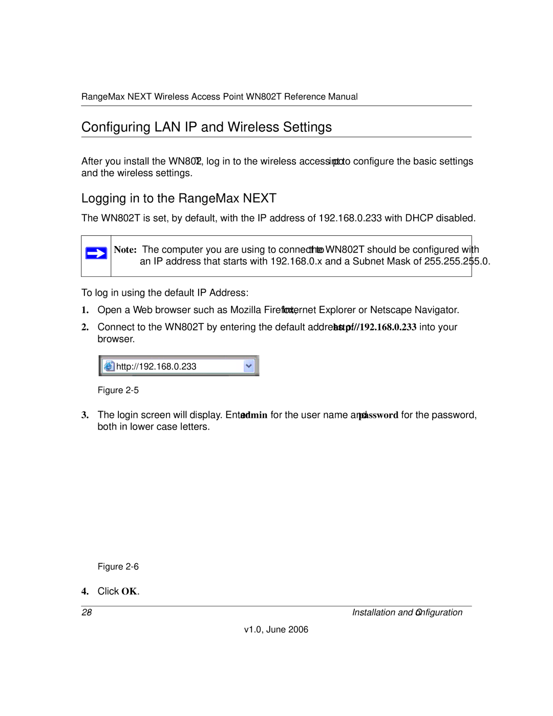 NETGEAR WN802T manual Configuring LAN IP and Wireless Settings, Logging in to the RangeMax Next 