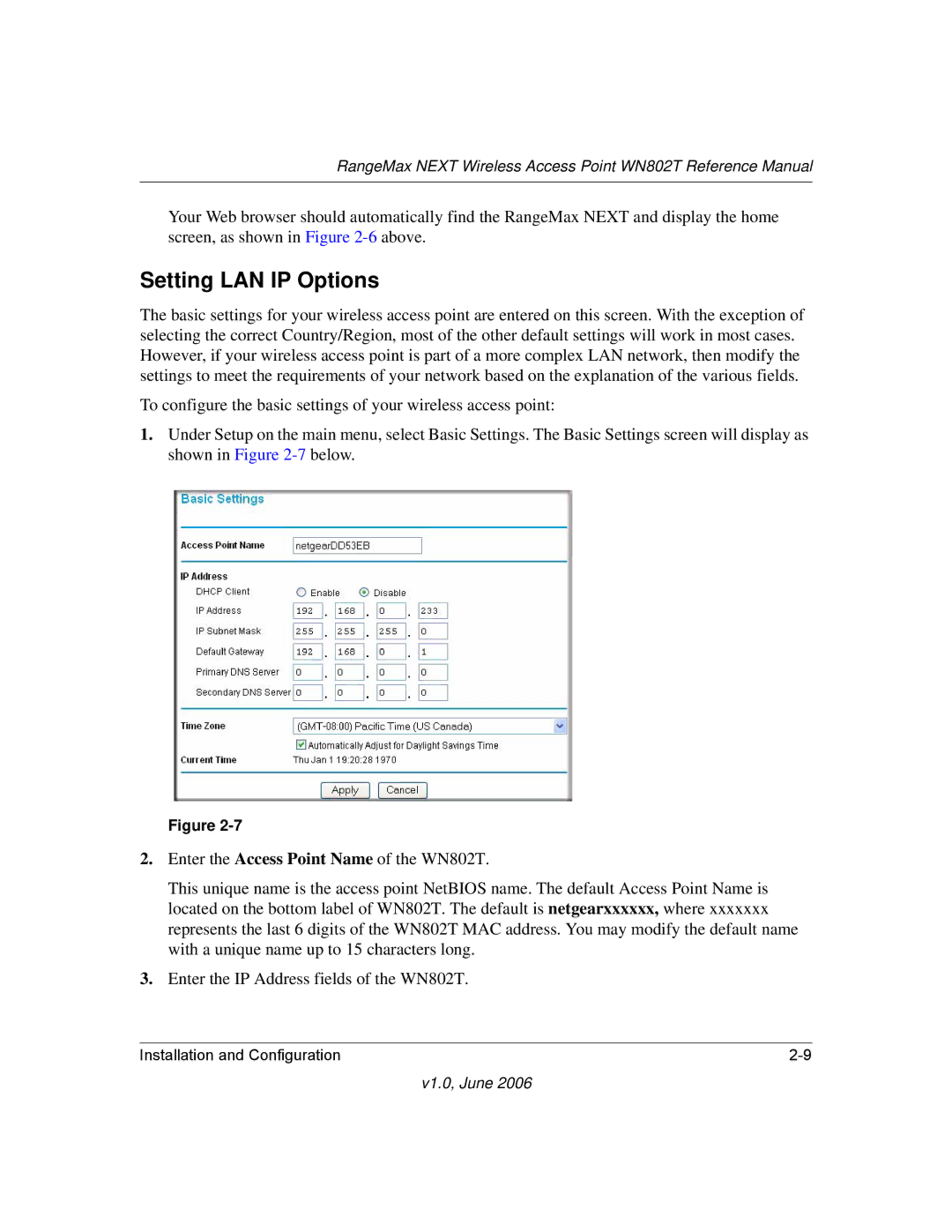 NETGEAR WN802T manual Setting LAN IP Options 