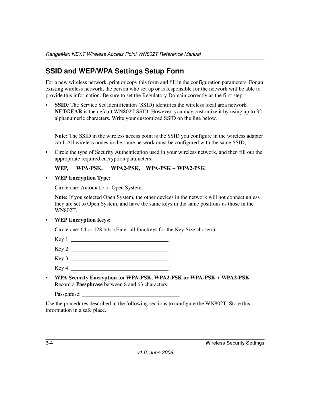 NETGEAR WN802T manual Ssid and WEP/WPA Settings Setup Form, WEP, WPA-PSK, WPA2-PSK, WPA-PSK + WPA2-PSK 