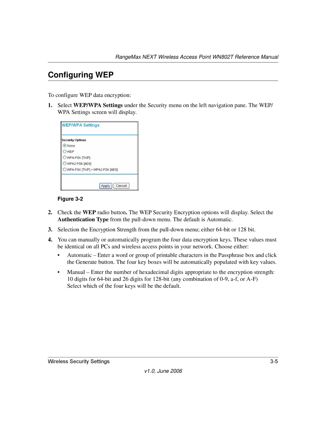 NETGEAR WN802T manual Configuring WEP 