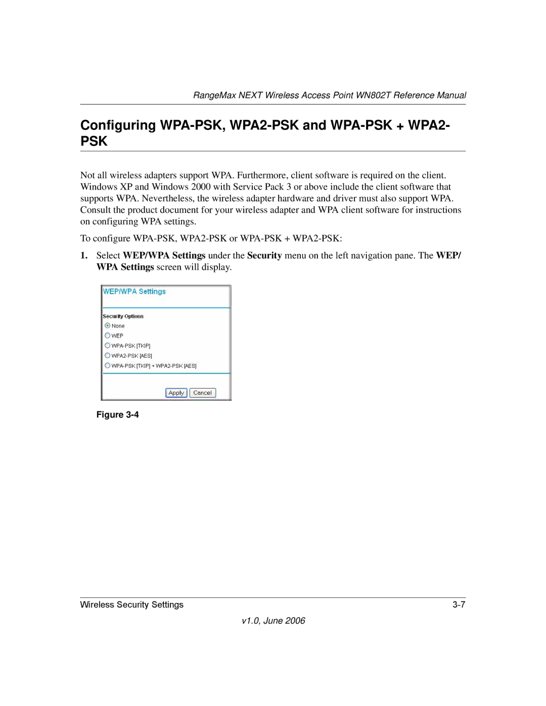 NETGEAR WN802T manual Configuring WPA-PSK, WPA2-PSK and WPA-PSK + WPA2, Psk 