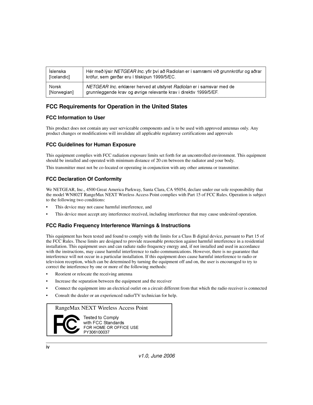 NETGEAR WN802T manual FCC Requirements for Operation in the United States 