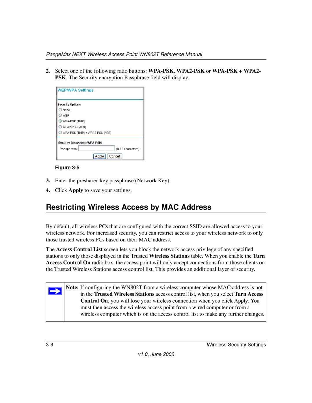 NETGEAR WN802T manual Restricting Wireless Access by MAC Address 