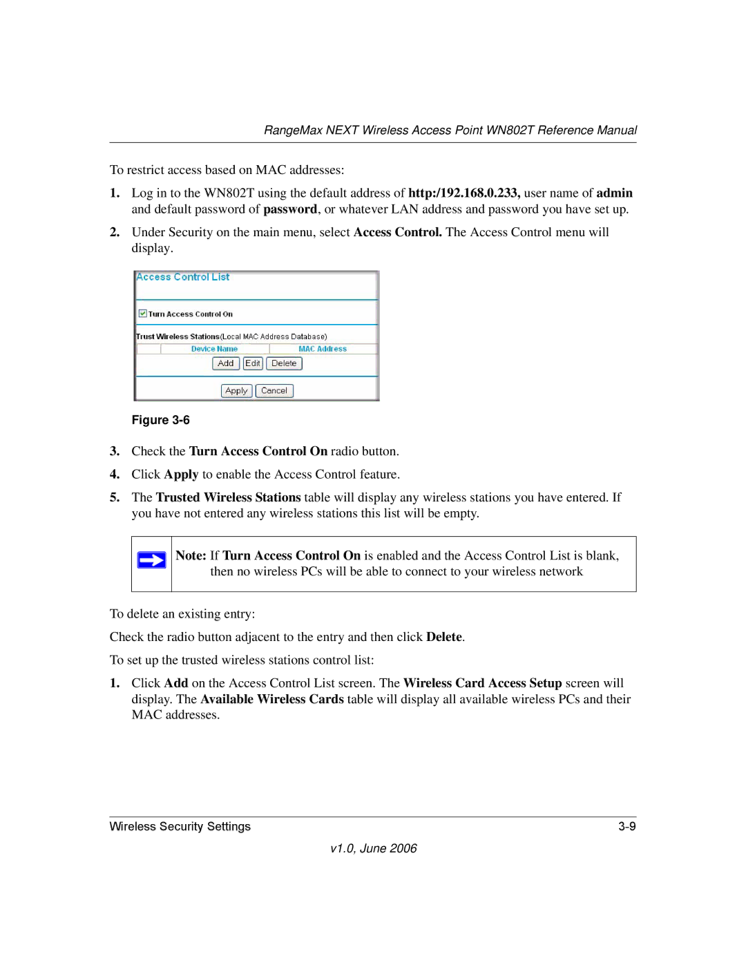 NETGEAR WN802T manual To restrict access based on MAC addresses 